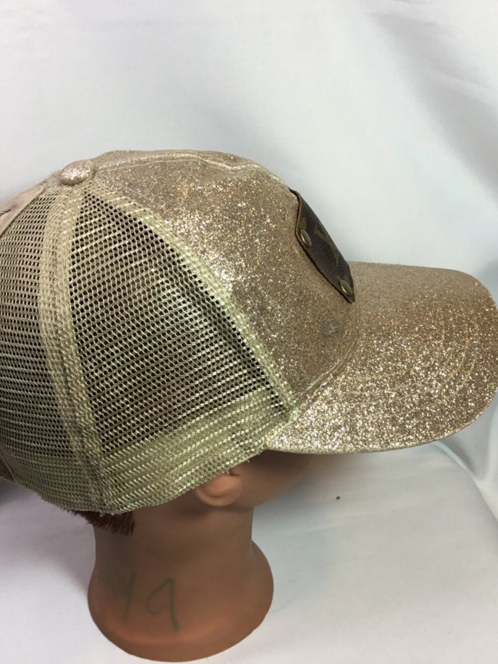 Upcycled LV Patch Distressed Trucker Hat CC Ponytail Cap Bling Gold Sparkle Mesh - Picture 5 of 13